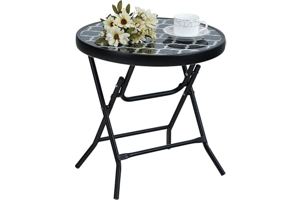 PHI VILLA Table d'appoint, Ronde, Pliable, en Verre et métal, Petite Table de Balcon, résistante aux intempéries, Facile à Entretenir, pour Balcon, Jardin, terrasse, Salon
