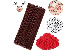 HIQE-FL 450 pezzi Scovolini Pipa Ciniglia Steli Set, 150 Pompon Rosso,150 Occhi Autoadesivi,150 Scovolini Marroni, per Natale Artigianato DIY Creazione di Renne