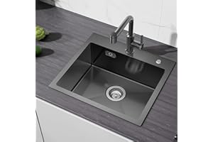 CECIPA 50x45 cm Spüle Edelstahl Schwarz mit Hahnloch, Spülbecken Edelstahl Grau Schwarz für Arbeitsplatten ab 50cm, Küchenspüle Anthrazit inkl Siphon & Über