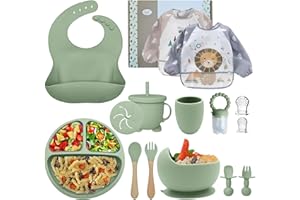 P'TIT JOY vajilla bebe,Cubiertos Bebe,Juego de 15 Piezas,Platos Bebe con Ventosa,Baby Led Weaning,Cubiertos Infantiles,Cuchara Bebe,Babero Silicona Bebe,Plato de Silicón Antideslizante Sin BPA
