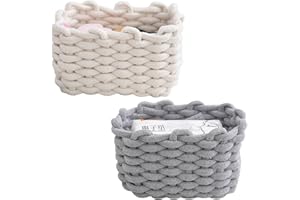 TSQZE 2er Set Aufbewahrungskorb Geflochten Baumwolle Strickkorb, Korb Aufbewahrung Klein Körbchen Wickeltisch Organizer, Dekorative Quadratische Speicher Regalkörbe Für Schminke Socken Spielzeug (Weiß+Grau)