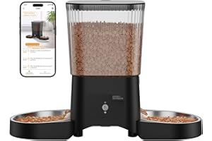 HONEYGUARIDAN HONEYGUARDIAN Distributeur Croguettes Chat Automatique Double, 5G/2.4G WiFi Gamelle Chat Automatique 2 Bols, Distributeur Croquettes Chats/Chien avec Contrôle Via App, 1-6 Repas par, Nettoyage Facile