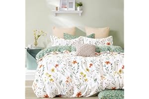 Sedefen Housse de Couette 220x240cm Vert Blanc Feuilles Floral Fleurs Ado Adultes Parure de Lit 2 Personnes avec Fermeture Éclair Housse Couette en Microfibre avec 2 Taies d'oreiller 65x65 cm
