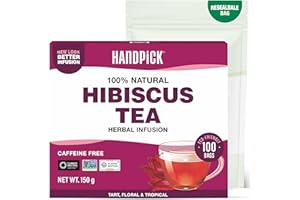 HANDPICK, Tisane d’Hibiscus - 100 Sachets Ronds Écoresponsables - Sans Caféine - Fleurs d’Hibiscus 100% Pures - Non-OGM - Scellé Sous Vide pour la Fraîcheur