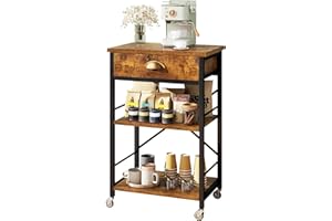 IBUYKE - Estante para panaderos de cocina con cajones, soporte para horno de microondas de 3 niveles con almacenamiento, mesa de café con ruedas, estante ajustable, montaje simple, color marrón