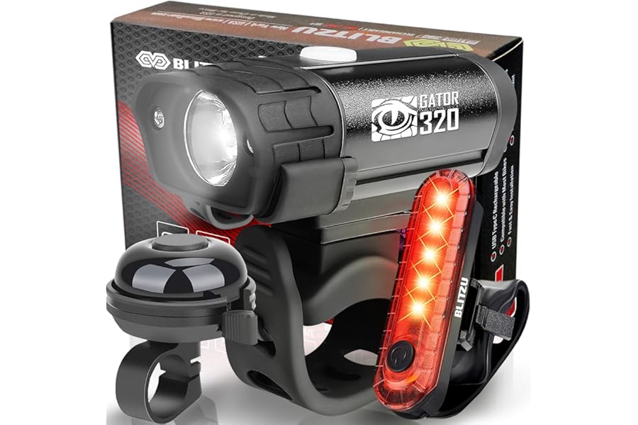 BLITZU Gator 320 Bike Lights, Bicycle Light Front and Back for Night Riding. USB-C Rechargeable Headlight Rear Taillight & Bell Set. Cycling Accessories Men Women Kids. Gift for Dad, Mom, Boys, Girls