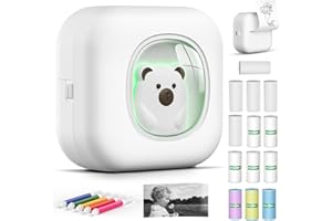 Lovcoyo Etikettendrucker, Mini Fotodrucker Mit 2 Rollen Endlos-Thermopapier, Mini Tragbarer Drucker Für Studium Büro, Type-C Kompatibel Mit iOS Android, Bluetooth Tragbar