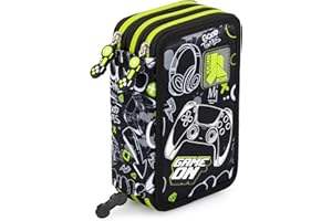 Julian Ross 3-Fach Federmäppchen – 45-teilig, komplett gefüllt – mit 2 löschbaren Gelstiften, Schere, Kleber, Buntstiften – Schwarz und Grün – ideal für Schule & als Geschenk, Gamer