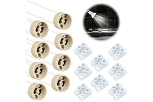 CAISYE GU10 Bases para Lámparas de Cerámica con Cable de Silicona 0,75mm², 8 Piezas, 15cm, 0-250V, 2A - Portalámparas con Conector de Terminal para LED o Bombilla Halógena