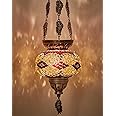 DEMMEX Turkish Moroccan Colorful Mosaic Bohemian Boho Hanging Candle Holder Lantern with Handmade Colorful Glass Globe and Metal Leaf Chains, 24" (Brown Therapy)