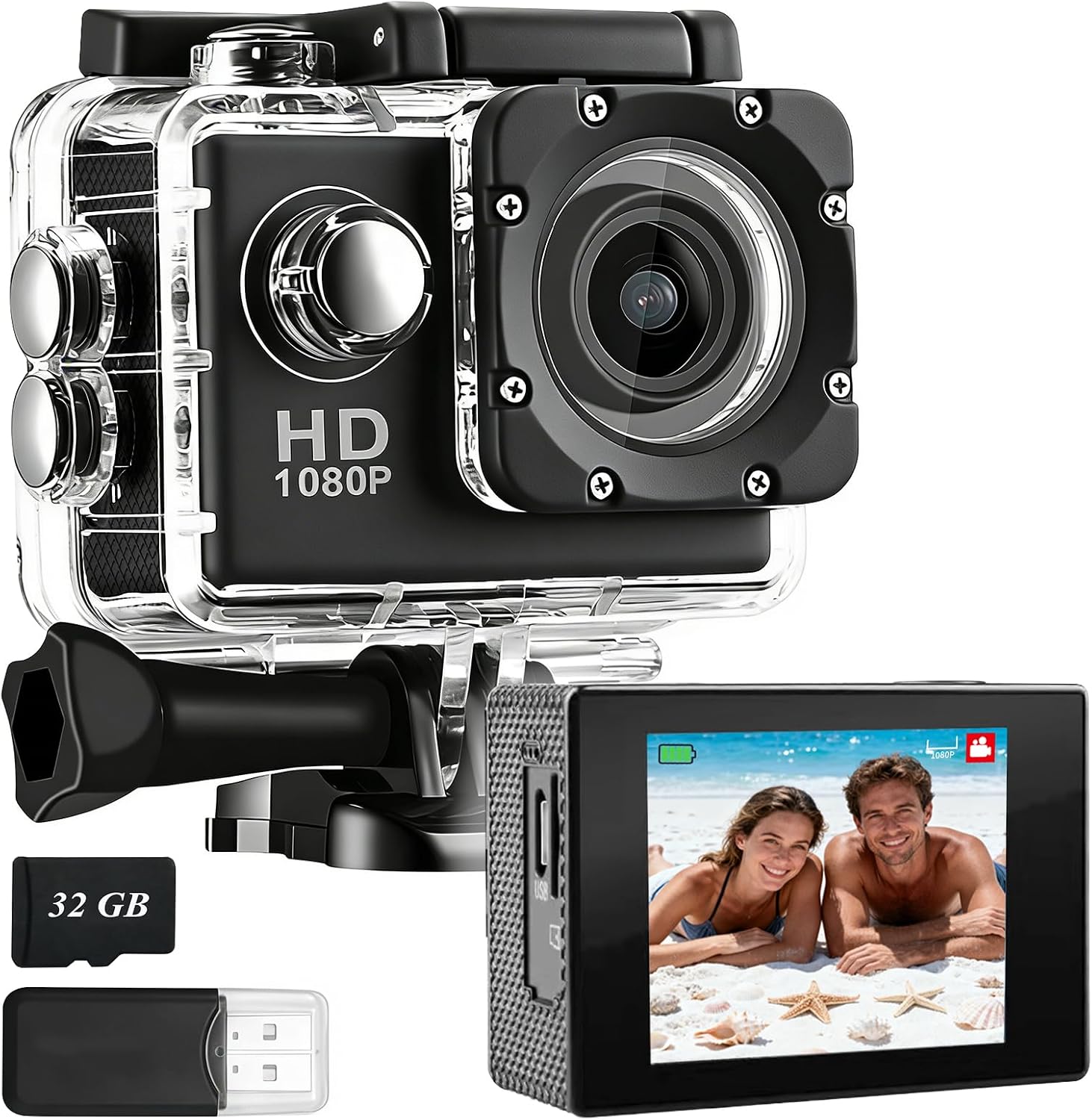PQETBV Cámara Deportiva HD, Camara Subacuática 30M con 120 Grados Gran Angular, Cámara Subacuática Buceo 2 Baterías Recargables de 900mAh y Kit de Accesorios