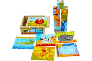 Toys of Wood Oxford TOWO Puzzle con Cubi di Legno - Puzzle in Legno con 9 Pezzi per Creare 6 Immagini di Animali Selvatici - con Scatola in Legno - Puzzle per Bambini di 2 Anni