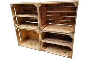 teramico Lot de 4 caisses en Bois d'occasion Vintage - Caisses à Fruits/vin d'origine de la Culture fruitière avec Compartiment de Rangement - 50 x 40 x 30 cm - Lot de 4-2 étagères Longues