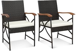 ‎COSTWAY COSTWAY 2er Rattan Stühle Set, Polyrattan Gartenstuhl Holz, Gartensessehl mit Sitzkissen, Rattansessel Gartenstühle für Outdoor Terrasen Balkon Garten (X Design, 62 x 56 x 89 cm)