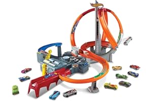 Hot Wheels Track Set with 1 Toy Car, Multi-Lane, Motorized Track with 3 Crash Zones, Spin Storm Racetrack, CDL45