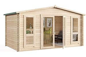 BillyOh Sasha 14 x 8 Log Cabin Summer House Shed – Wooden Garden Room with Apex Roof, Double Doors, Floor, Roof & Felt | Outdoor Office, Home Studio, Tiny Home & Lounge, Easily Assembled Garden House