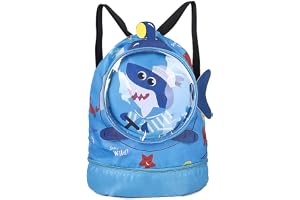 Excefore Dry Wet Separated Swim Bags, Backpack Bag Waterproof Beach Pack with Shoe Compartment, Kid Swim Shark Drawstring Bag for Boys Teener Camping Hiking Swimming (Blue)