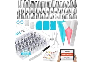 Piping Bags and Nozzles | RFAQK 100 PCs Cake Decorating Kit with Spatula-Cake Scraper-48 Numbered Piping Nozzle & Piping Bag-Reusable Silicon Bag-Pattern Chart, EBook & Icing Bags and Nozzles Set