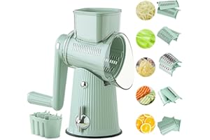AVEKI 5 in 1 Cheese Grater with Blade Storage Box, Rotary Hand Crank Food Chopper with 5 Group Stainless Blades, Manual Food Grater for Cutting Fruits & Vegetable, Kitchen Essentials (Green)