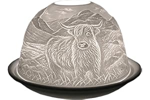 Cello Porcelain Tealight Holder Dome, Highland Cow Design, A Candle Holder Projecting a 3D Loving Image. Highland Cow Ornaments - Use With Tealights or LED lights - Highland Cow Gifts ., White