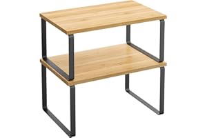 SONGMICS Spice Rack, Set of 2 Cupboard Shelf Organiser, Expandable Kitchen Shelf Organiser, Stackable Spice Holder, Metal and Engineered Wood, Black and Natural KCS02NB