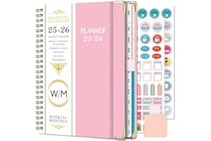 NEYSA Diary 2025 2026 Week to View A5 Academic Diary July 2025 - June 2026 (12 Months) Planner with Self-adhesive pen loop, Planner Stickers (PINK)