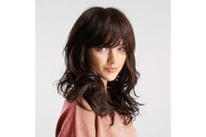 HAIRCUBE Longs Perruques Frisées Pour Femmes Epaule Longueur Brun Couleur Perruques avec Bangs
