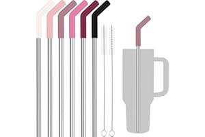 Tomorotec 6 słomek ze stali nierdzewnej z silikonowymi końcówkami do kubka Stanley, 33 cm, zestaw słomek wielokrotnego użytku z kolorowymi przedłużaczami i 2 szczotkami, kompatybilne z miseczkami z