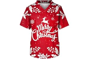 HKUOPW Christmas Scrubs Uniforms for Men Healthcare Casual Plus Size Uniforms Nurse Workwear Cute Elk Xmas Top with Pockets