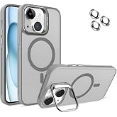 Ehr. iPhone 15 ile Uyumlu Magsafe Wireless Şarj &Ouml;zellikli Kamera Standlı L&uuml;ks Mat Silikon Kılıf [Lens Koruyucu Hediyeli] (Gri