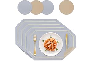 BOCHION Placemats and Coaster Sets 4, Dual Sided Two-Color Place Mats 30x43 cm, Leather Heat Resistant Non-Slip Washable, Wipeable Kitchen Coffee Table Mats for Home Dining Table Restaurant Hotel (Grey&Beige)