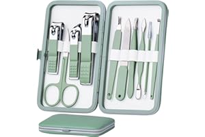 HANTEKAS Manicure Set 10 in 1 Stainless Steel, Nail Clippers Scissors Pedicure Tools Kit - Portable Travel Grooming Kit for Men and Women with Leather Case (Jade Green)
