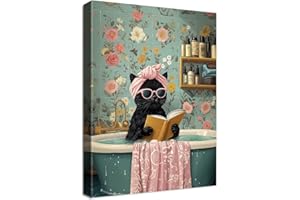 HALFLEMART Marco de Madera Cuadro Modernos Divertido Gato Negro Cuadros Decorativos Lienzo Pintura Lindo Gato Negro Bañándose Imagen Cuadros Decoracion Salon Cuarto de baño Aseo Habitación Infantil 40x60cm