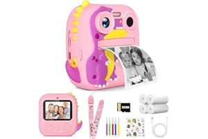 OKYUK Cámara instantánea para niños, cámara HD 1080P con 4 rollos de papel de impresión y tarjeta SD de 32G, lente dual de 2,4 pulgadas, cámara para niños(Dinosaurio rosa)