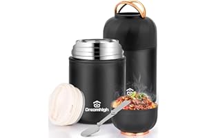 Dreamhigh® Termos per Alimenti 850 ml, Contenitore Termico per Alimenti Caldi con Maniglia, Portavivande Termico Acciaio Inossidabile con Cucchiaio, per Zuppa, Pasta (Nero)