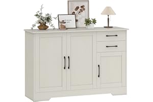 HOMCOM Aparador 3 Puertas, Aparador para Salón Moderno, con 2 Cajones, Estante Ajustable, para Comedor, Entrada, Dormitorio, Crema, 120x38x79 cm