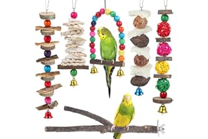 BBJINRONJY Juguetes de perca para pájaros, juguetes de periquito, paquete de 6 accesorios de jaula de pájaros, juguetes masticables de madera, tortolito, periquito y otros pájaros de tamaño pequeño a mediano