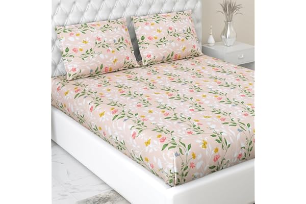 Haus & Kinder Elastic Bedsheet for King Size Bed 186 TC Pure Cotton Elastic Fitted King Size Bedsheet with 2 Pillow Covers (72x78x10 Inches) - Blush Vineyard