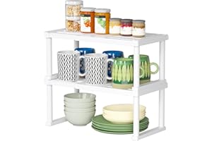 Lifewit Cupboard Shelf Organiser, Expandable Countertop Kitchen Shelves, Plastic Shelf Riser for Pantry Kitchen Storage and Spice Rack, Set of 2, White Cabinet