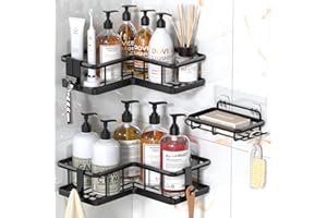 YASONIC Duschablage Ecke ohne Bohren Badezimmer Organizer, verdicktes Duschregal Ecke ohne Bohren mit großer Kapazität, Shampoo Halterung für Dusche mit 4 abnehmbaren Haken, Badregal 3 Stück, Schwarz