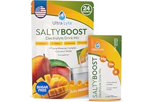 Ultra Lyte Mezcla de bebidas electrolíticas, polvo de mango salado sin azúcar, 24 sobres con alto contenido de sodio, oligoelementos y agua de coco, hidratación para fitness, rehidratación y