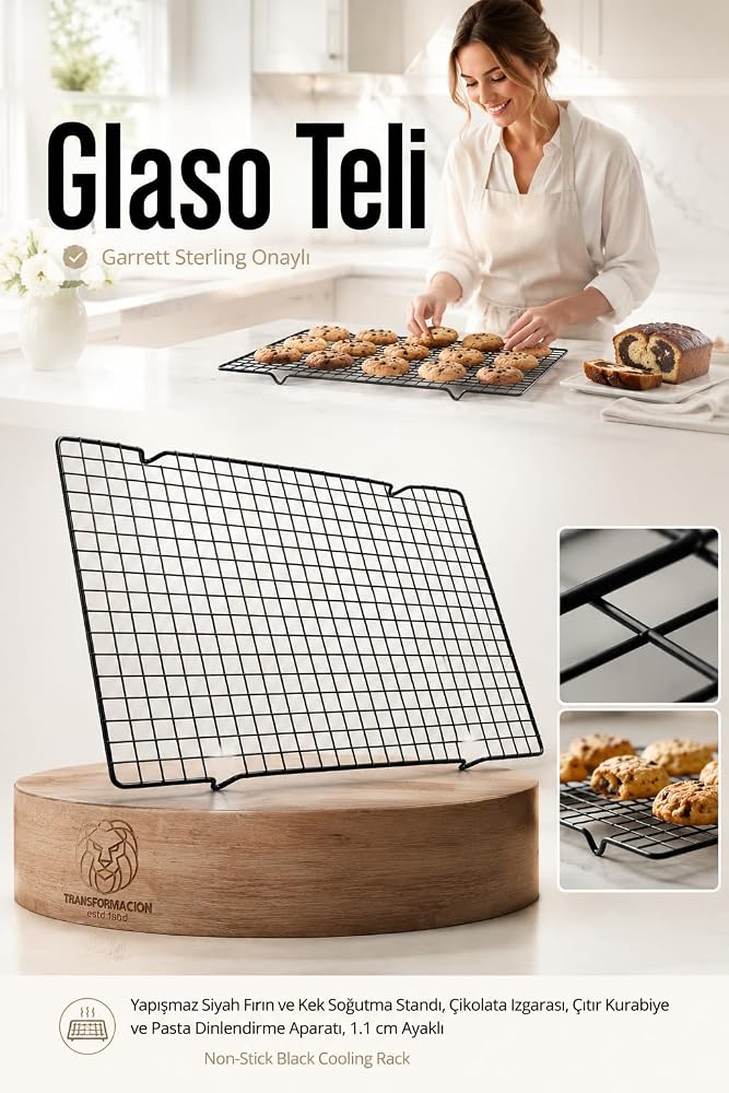 Transformacion Glaso Teli 40x25 cm - Paslanmaz Yapışmaz Siyah Fırın ve Kek Soğutma Standı, Çikolata Izgarası, Çıtır Kurabiye ve Pasta Dinlendirme Aparatı, 1.1 cm Ayaklı 723433