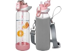 Seekua sportowa butelka na napoje, 0,8 l, ze słomką i znacznikami czasu, szczelna, bez BPA, motywacyjna, z pokrowcem ochronnym, do smoothie, do napojów gazowanych