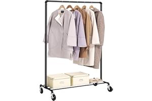 ‎SONGMICS SONGMICS Kleiderständer, Kleiderstange, mit Rollen, bis 90 kg belastbar, Garderobenständer mit 1 Kleiderstange und Ablage, Industrie-Design, für Schlafzimmer, Waschküche, schwarz HSR61BK