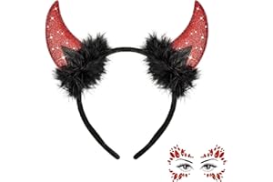 AIEDECOPT Serre-Tête Cornes Diable Pailletées avec Bijoux Visage, Diables Oreilles Bandeau Halloween, Bandeau de Diables, pour Halloween Déguisement Cosplay Accessoires Costume Diable