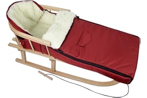 BAMBINIWELT BY RAFAEL K. Slitta in legno con schienale, corda per traino e sacco a pelo universale di 108 cm in lana, adatto anche per ovetto e passeggino