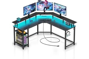 ‎ROLANSTAR Rolanstar Schreibtisch L Form mit RGB-LED & Steckdosen, 135 cm Computertisch mit Monitorständer & Ablagefläche, Reversibler Eckschreibtisch mit 2 Haken, perfekt für Arbeitszimmer Schlafzimmer Büro