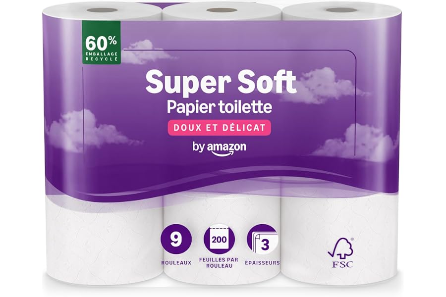 by Amazon Papier Toilette, 3 Plis Matelassé, Doux et Soyeux, 9 Rouleaux (1 Lot de 9), 200 Feuilles par Rouleau