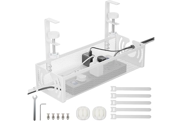 Cocoonkart Under Desk Cable Management Tray, Metal Mesh Wire Organiser with Clamp Mount, 38.9 x 12 x 19.6 cm, White (White)