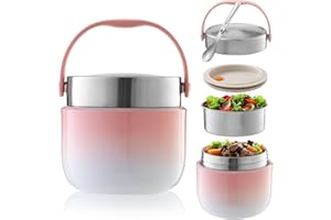 BUCOMTU Thermos per Alimenti 1200 ml Contenitore Termico per Alimenti con Cucchiaio Pieghevole Porta Pappa Termico per conservare zuppe, porridge,Riso (Rosa)